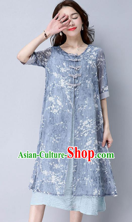 Traditional Ancient Chinese National Costume, Elegant Hanfu Mandarin Qipao Linen Double-deck Blue Dress, China Tang Suit Chirpaur Republic of China Cheongsam Upper Outer Garment Elegant Dress Clothing for Women