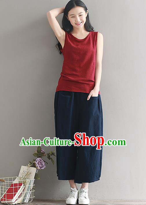 Traditional Chinese National Costume Loose Pants, Elegant Hanfu Linen Navy Wide leg Pants, China Ethnic Minorities Tang Suit Ultra-wide-leg Trousers for Women