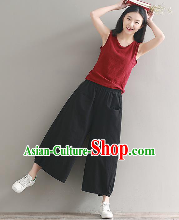 Traditional Chinese National Costume Loose Pants, Elegant Hanfu Linen Black Wide leg Pants, China Ethnic Minorities Tang Suit Ultra-wide-leg Trousers for Women