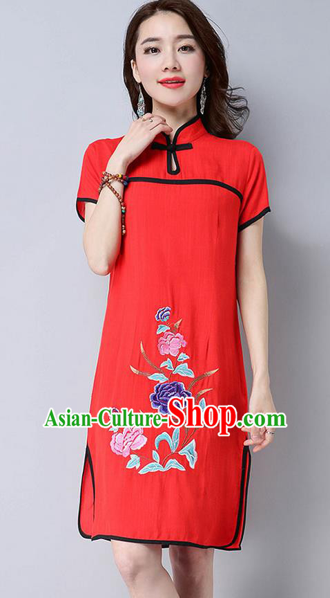 Traditional Ancient Chinese National Costume, Elegant Hanfu Mandarin Qipao Embroider Red Dress, China Tang Suit Chirpaur Republic of China Cheongsam Upper Outer Garment Elegant Dress Clothing for Women