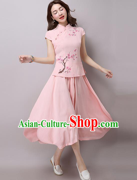 Traditional Chinese National Costume, Elegant Hanfu Embroidery Flowers Slant Opening Pink T-Shirt and Skirt Complete Set, China Tang Suit Republic of China Plated Buttons Chirpaur Blouse and Dress for Women