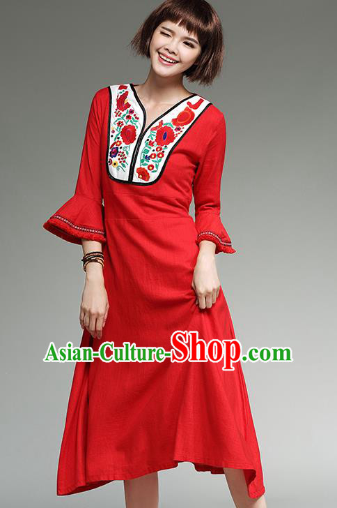 Traditional Ancient Chinese National Costume, Elegant Hanfu Mandarin Qipao Embroidery Red Dress, China Tang Suit Mandarin Sleeve Chirpaur Republic of China Cheongsam Upper Outer Garment Elegant Dress Clothing for Women
