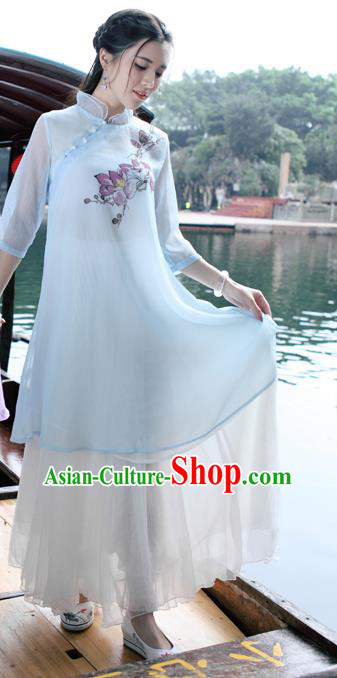 Traditional Ancient Chinese National Costume, Elegant Hanfu Mandarin Qipao Hand Painting Blue Dress, China Tang Suit Mandarin Collar Chirpaur Republic of China Cheongsam Upper Outer Garment Elegant Dress Clothing for Women