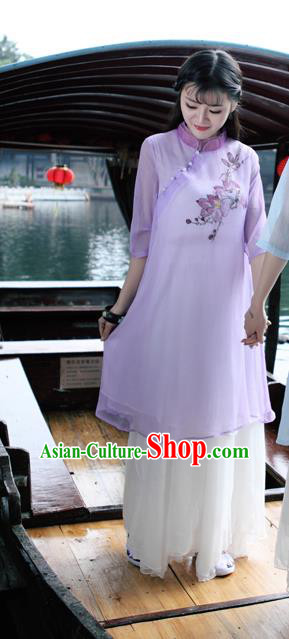 Traditional Ancient Chinese National Costume, Elegant Hanfu Mandarin Qipao Hand Painting Purple Dress, China Tang Suit Mandarin Collar Chirpaur Republic of China Cheongsam Upper Outer Garment Elegant Dress Clothing for Women