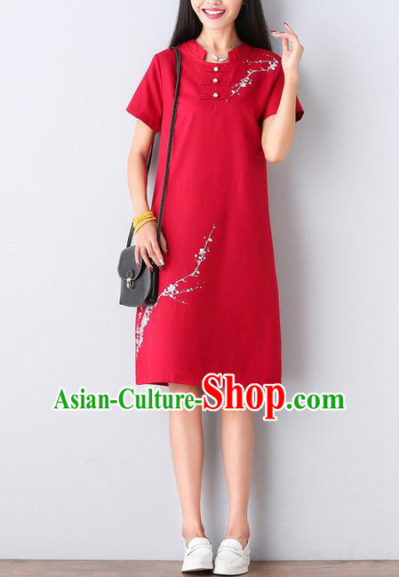 Traditional Ancient Chinese National Costume, Elegant Hanfu Mandarin Qipao Hand Ink Painting Red Dress, China Tang Suit Mandarin Collar Chirpaur Republic of China Cheongsam Upper Outer Garment Elegant Dress Clothing for Women