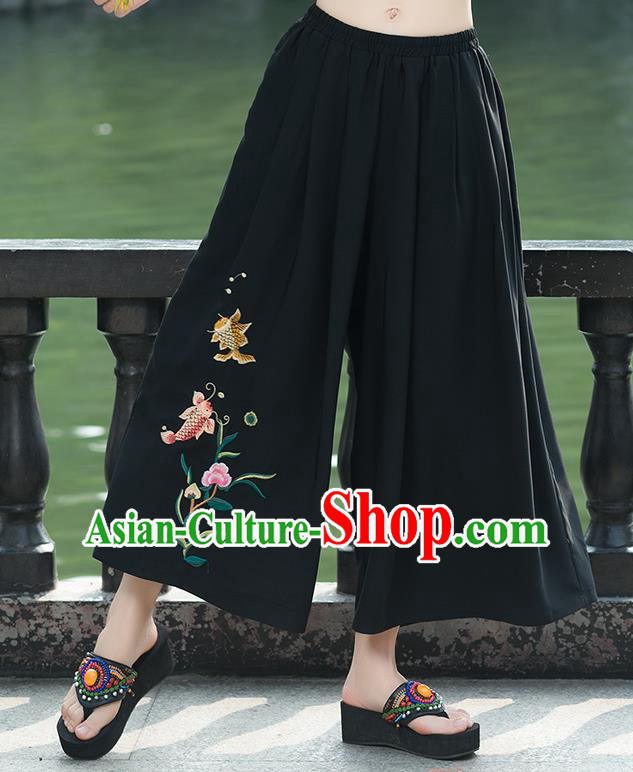 Traditional Chinese National Costume Loose Pants, Elegant Hanfu Embroidered Black Wide leg Pants, China Ethnic Minorities Tang Suit Ultra-wide-leg Trousers for Women