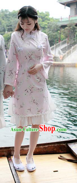 Traditional Ancient Chinese National Costume, Elegant Hanfu Mandarin Qipao Falbala Pink Dress, China Tang Suit Mandarin Sleeve Chirpaur Republic of China Cheongsam Upper Outer Garment Elegant Dress Clothing for Women