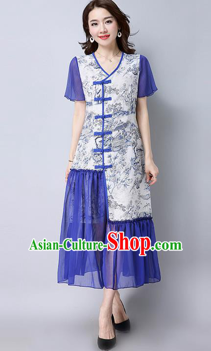 Traditional Ancient Chinese National Costume, Elegant Hanfu Mandarin Qipao Landscape Printing White Dress, China Tang Suit Chirpaur Republic of China Cheongsam Upper Outer Garment Elegant Dress Clothing for Women