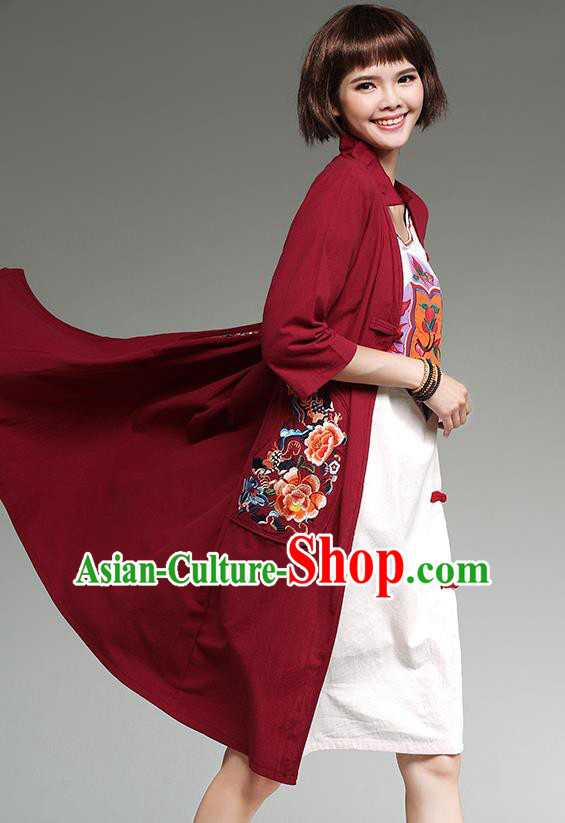 Traditional Ancient Chinese National Costume, Elegant Hanfu Cardigan Embroidered Red Coat, China Tang Suit Plated Buttons Cape, Upper Outer Garment Dust Coat Cloak Clothing for Women