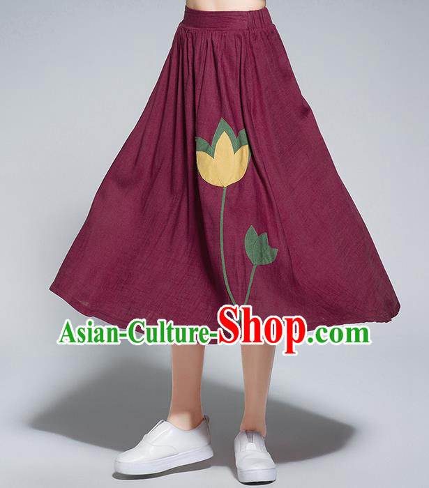 Traditional Ancient Chinese National Pleated Skirt Costume, Elegant Hanfu Flowers Patch Long Red Dress, China Tang Suit Bust Skirt for Women
