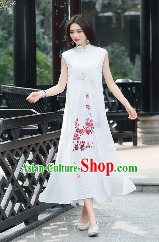 Traditional Ancient Chinese National Costume, Elegant Hanfu Mandarin Qipao Linen Hand Painting Plum Blossom White Dress, China Tang Suit Chirpaur Republic of China Cheongsam Upper Outer Garment Elegant Dress Clothing for Women