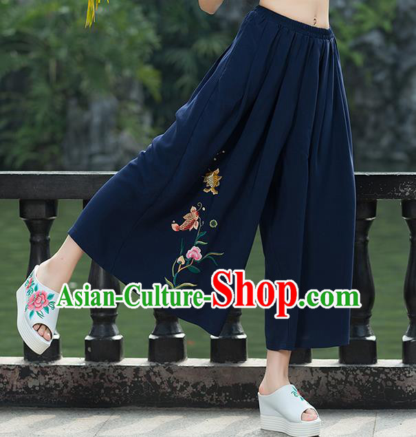 Traditional Chinese National Costume Loose Pants, Elegant Hanfu Embroidered Navy Wide leg Pants, China Ethnic Minorities Tang Suit Ultra-wide-leg Trousers for Women