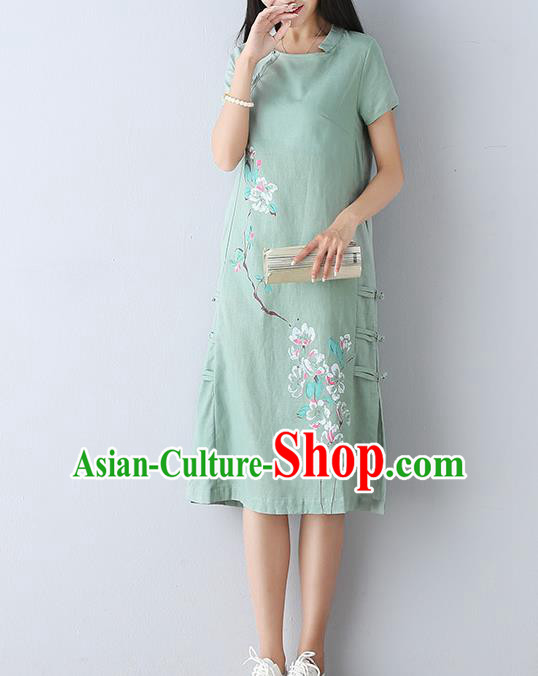 Traditional Ancient Chinese National Costume, Elegant Hanfu Mandarin Qipao Linen Printing Blue Dress, China Tang Suit Chirpaur Republic of China Cheongsam Upper Outer Garment Elegant Dress Clothing for Women