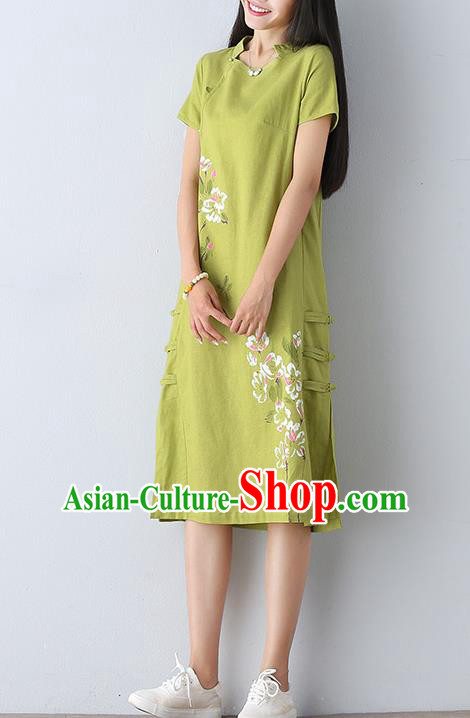 Traditional Ancient Chinese National Costume, Elegant Hanfu Mandarin Qipao Linen Printing Green Dress, China Tang Suit Chirpaur Republic of China Cheongsam Upper Outer Garment Elegant Dress Clothing for Women