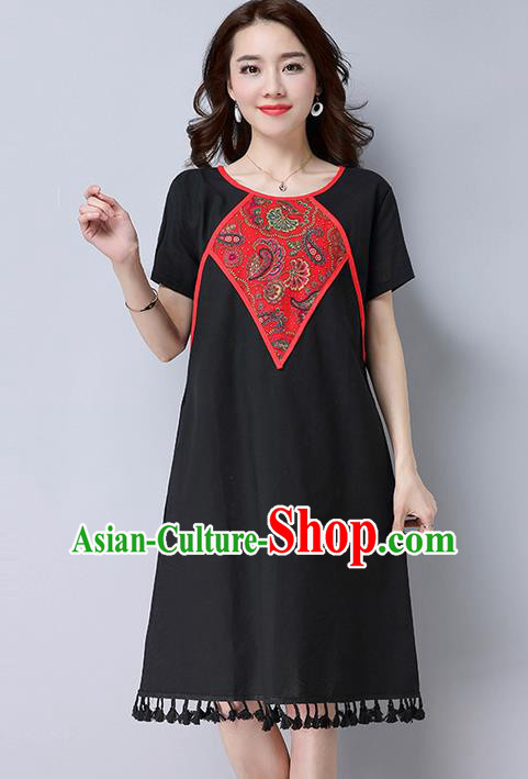 Traditional Ancient Chinese National Costume, Elegant Hanfu Mandarin Qipao Linen Patch Embroidery Black Dress, China Tang Suit Tassel Chirpaur Republic of China Cheongsam Upper Outer Garment Elegant Dress Clothing for Women