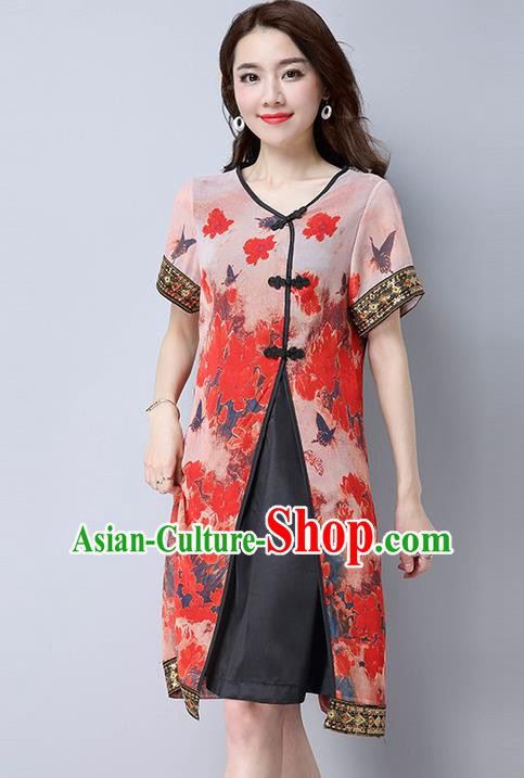 Traditional Ancient Chinese National Costume, Elegant Hanfu Mandarin Qipao Linen Painting Red Dress, China Tang Suit Chirpaur Republic of China Cheongsam Upper Outer Garment Elegant Dress Clothing for Women