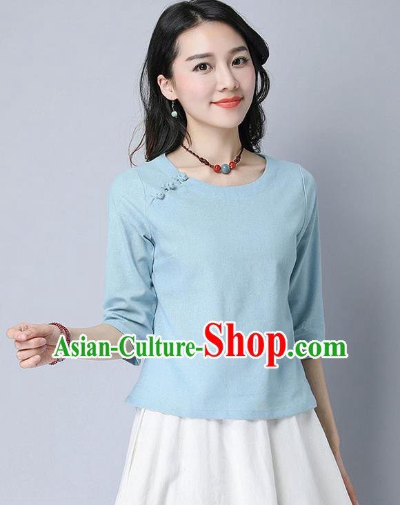 Traditional Chinese National Costume, Elegant Hanfu Linen Slant Opening Blue T-Shirt, China Tang Suit Republic of China Plated Buttons Chirpaur Blouse Cheong-sam Upper Outer Garment Qipao Shirts Clothing for Women