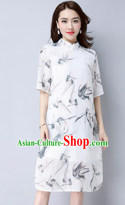 Traditional Ancient Chinese National Costume, Elegant Hanfu Mandarin Qipao Linen Ink Painting White Dress, China Tang Suit Stand Collar Chirpaur Republic of China Cheongsam Upper Outer Garment Elegant Dress Clothing for Women