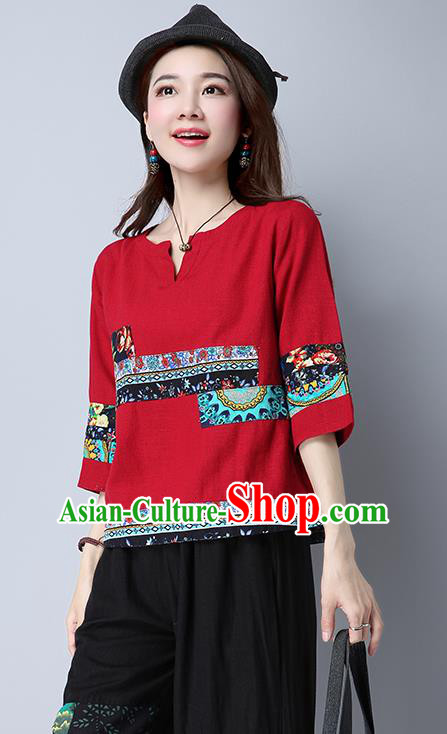 Traditional Chinese National Costume, Elegant Hanfu Round Collar Red T-Shirt, China Tang Suit Republic of China Chirpaur Blouse Cheong-sam Upper Outer Garment Qipao Shirts Clothing for Women