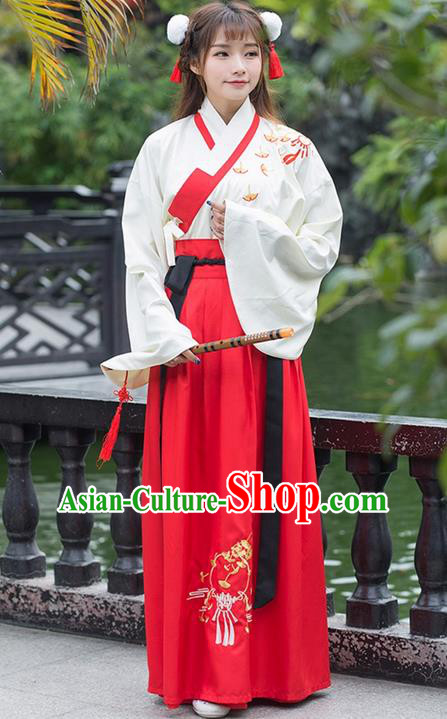 Traditional Ancient Chinese Costume, Elegant Hanfu Clothing Embroidered Slant Opening Blouse and Dress, China Han Dynasty Princess Elegant Blouse and Skirt Complete Set for Women