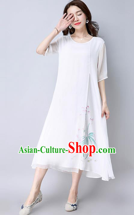 Traditional Ancient Chinese National Costume, Elegant Hanfu Mandarin Qipao Chiffon Painting White Dress, China Tang Suit Chirpaur Republic of China Cheongsam Upper Outer Garment Elegant Dress Clothing for Women