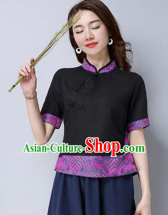 Traditional Chinese National Costume, Elegant Hanfu Joint Embroidery Flowers Slant Opening Black Shirt, China Tang Suit Republic of China Plated Buttons Chirpaur Blouse Cheong-sam Upper Outer Garment Qipao Shirts Clothing for Women