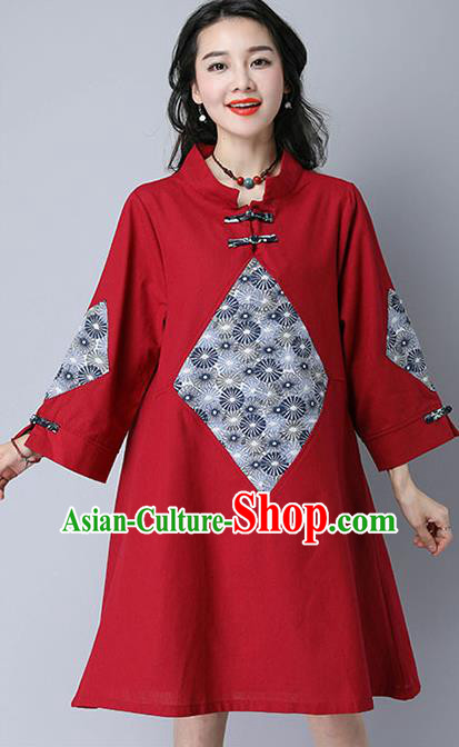 Traditional Ancient Chinese National Costume, Elegant Hanfu Mandarin Qipao Linen Patch Red Dress, China Tang Suit Chirpaur Republic of China Cheongsam Upper Outer Garment Elegant Dress Clothing for Women