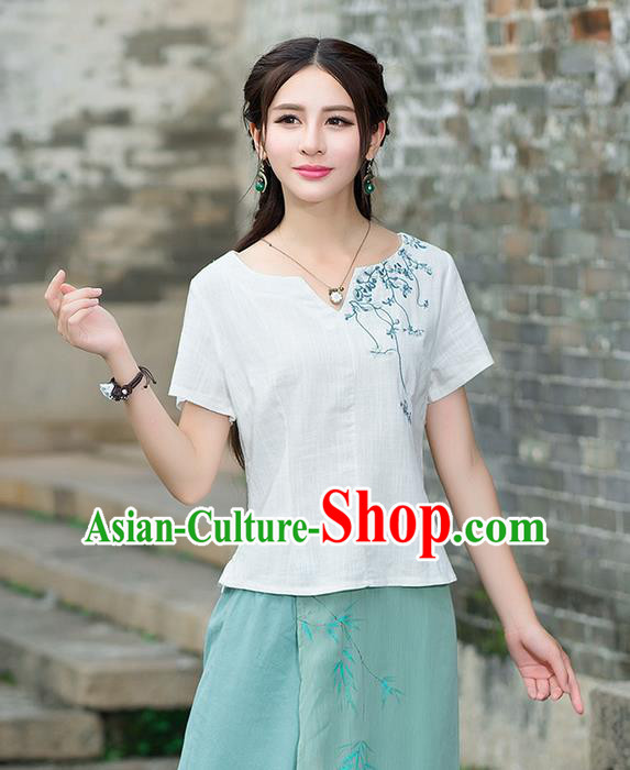 Traditional Chinese National Costume, Elegant Hanfu Embroidery Flowers White T-Shirt, China Tang Suit Republic of China Chirpaur Blouse Cheong-sam Upper Outer Garment Qipao Shirts Clothing for Women