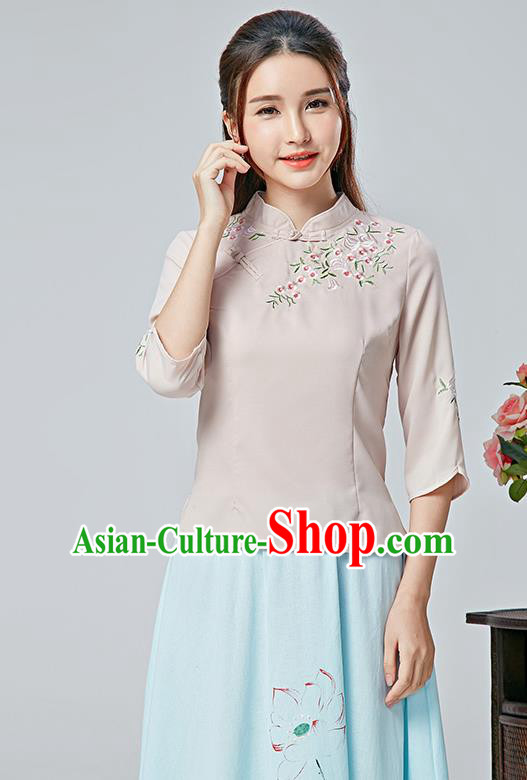 Traditional Chinese National Costume, Elegant Hanfu Embroidery Flowers Slant Opening Pink Blouses, China Tang Suit Republic of China Plated Buttons Chirpaur Blouse Cheong-sam Upper Outer Garment Qipao Shirts Clothing for Women