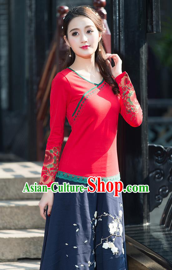 Traditional Chinese National Costume, Elegant Hanfu Embroidery Sleeve Red T-Shirt, China Tang Suit Republic of China Chirpaur Blouse Cheong-sam Upper Outer Garment Qipao Shirts Clothing for Women