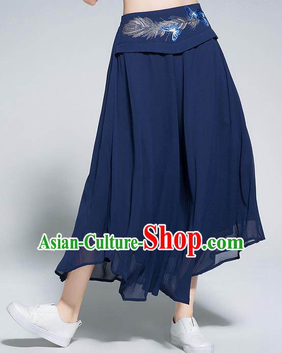 Traditional Chinese National Costume Loose Pants, Elegant Hanfu Embroidered Belt Chiffon Navy Wide leg Pants, China Ethnic Minorities Tang Suit Ultra-wide-leg Trousers for Women