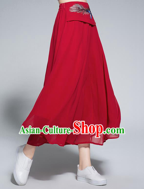 Traditional Chinese National Costume Loose Pants, Elegant Hanfu Embroidered Belt Chiffon Red Wide leg Pants, China Ethnic Minorities Tang Suit Ultra-wide-leg Trousers for Women