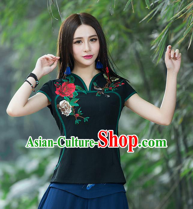 Traditional Chinese National Costume, Elegant Hanfu Embroidery Flowers Black T-Shirt, China Tang Suit Republic of China Chirpaur Blouse Cheong-sam Upper Outer Garment Qipao Shirts Clothing for Women