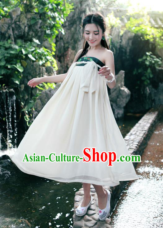 Traditional Ancient Chinese National Pleated Skirt Costume, Elegant Hanfu Chiffon Embroidery Long White Dress, China Tang Dynasty Bust Skirt for Women