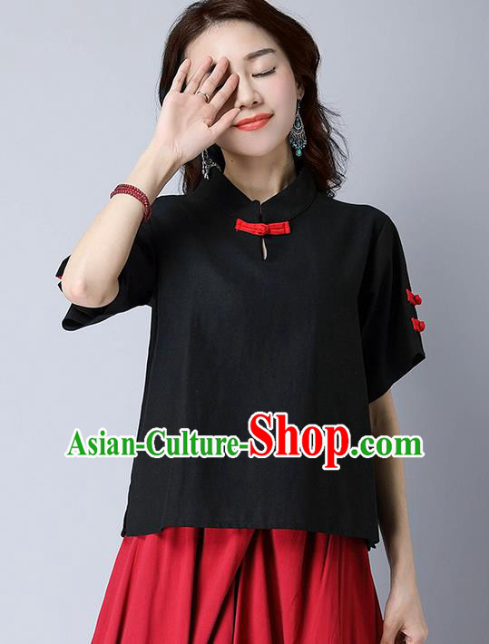 Traditional Chinese National Costume, Elegant Hanfu Stand Collar Black T-Shirt, China Tang Suit Republic of China Plated Buttons Chirpaur Blouse Cheong-sam Upper Outer Garment Qipao Shirts Clothing for Women