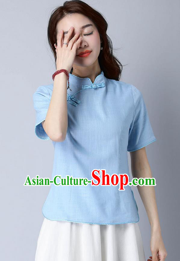 Traditional Chinese National Costume, Elegant Hanfu Stand Collar Blue T-Shirt, China Tang Suit Republic of China Plated Buttons Chirpaur Blouse Cheong-sam Upper Outer Garment Qipao Shirts Clothing for Women