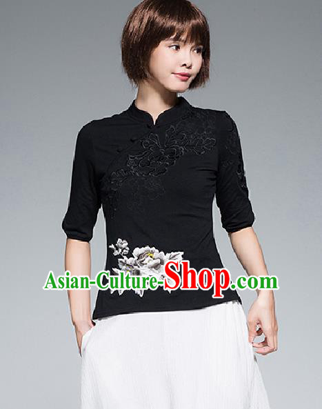 Traditional Chinese National Costume, Elegant Hanfu Stand Collar Black T-Shirt, China Tang Suit Plated Buttons Chirpaur Blouse Cheong-sam Upper Outer Garment Qipao Shirts Clothing for Women