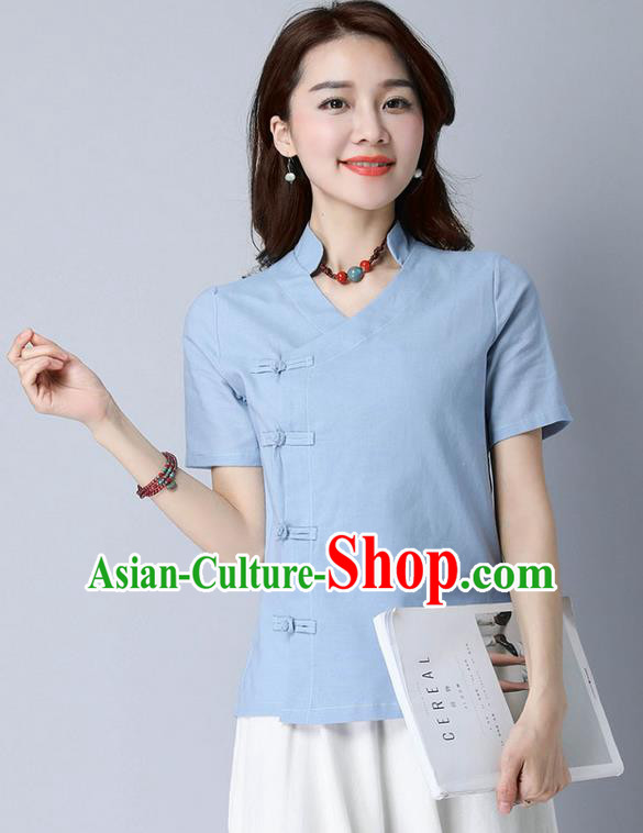 Traditional Chinese National Costume, Elegant Hanfu Stand Collar Slant Opening Blue T-Shirt, China Tang Suit Republic of China Plated Buttons Chirpaur Blouse Cheong-sam Upper Outer Garment Qipao Shirts Clothing for Women