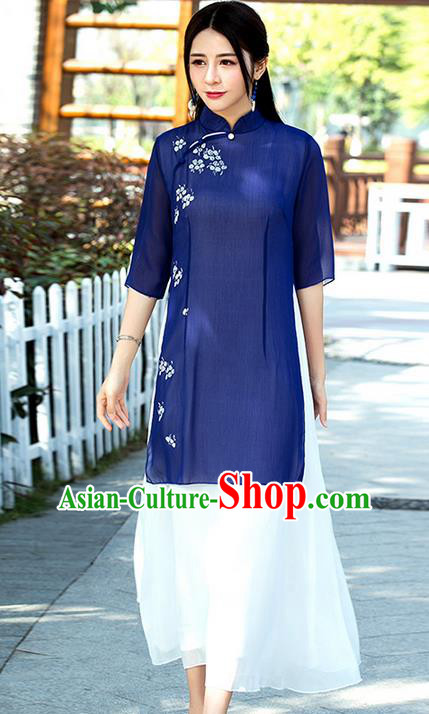 Traditional Ancient Chinese National Costume, Elegant Hanfu Mandarin Qipao Linen Hand Painting Dress, China Tang Suit Chirpaur Republic of China Cheongsam Upper Outer Garment Elegant Dress Clothing for Women