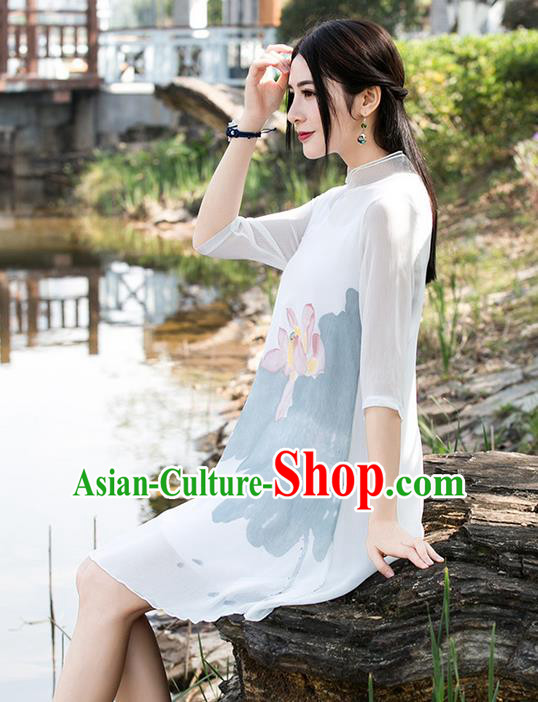 Traditional Ancient Chinese National Costume, Elegant Hanfu Mandarin Qipao Linen Hand Painting Lotus White Dress, China Tang Suit Chirpaur Republic of China Cheongsam Upper Outer Garment Elegant Dress Clothing for Women