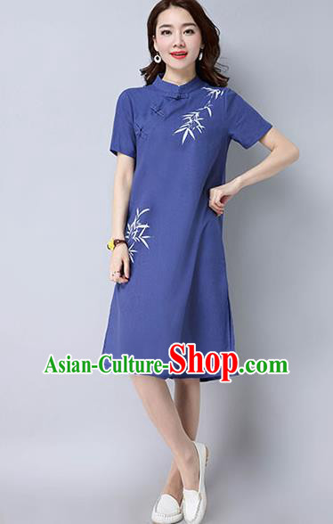 Traditional Ancient Chinese National Costume, Elegant Hanfu Mandarin Qipao Hand Painting Blue Dress, China Tang Suit Stand Collar Chirpaur Republic of China Cheongsam Upper Outer Garment Elegant Dress Clothing for Women