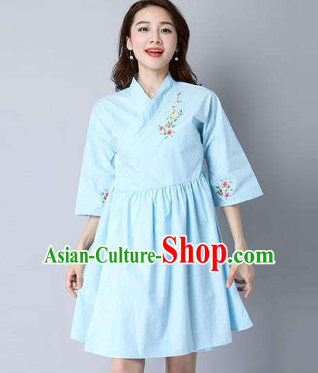 Traditional Ancient Chinese National Costume, Elegant Hanfu Mandarin Qipao Linen Hand Painting Blue Dress, China Tang Suit Cheongsam Upper Outer Garment Elegant Dress Clothing for Women