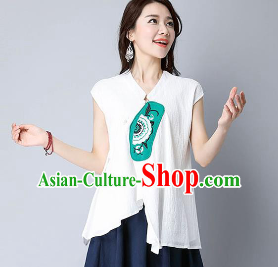 Traditional Chinese National Costume, Elegant Hanfu Patch Embroidery White T-Shirt, China Tang Suit Republic of China Plated Buttons Chirpaur Blouse Cheong-sam Upper Outer Garment Qipao Shirts Clothing for Women