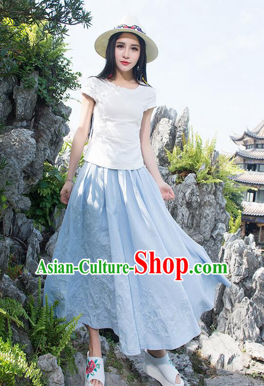 Traditional Ancient Chinese National Pleated Skirt Costume, Elegant Hanfu Embroidery Long Blue Dress, China Tang Suit Linen Bust Skirt for Women