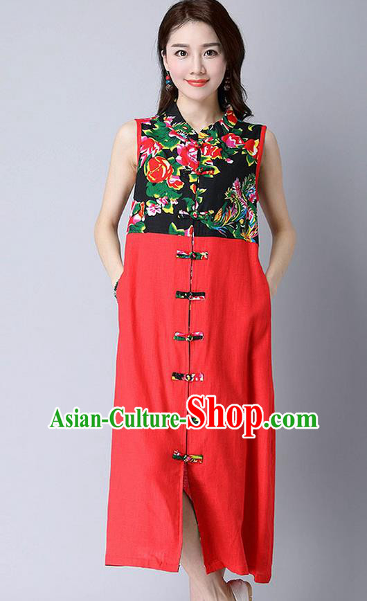 Traditional Ancient Chinese National Costume, Elegant Hanfu Mandarin Qipao Peony Flowers Joint Linen Red Dress, China Tang Suit Chirpaur Republic of China Cheongsam Upper Outer Garment Elegant Dress Clothing for Women