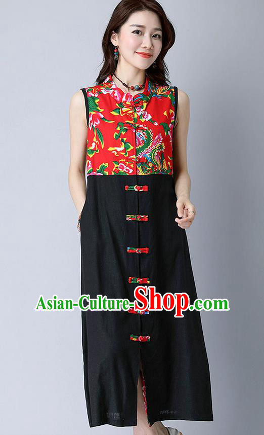 Traditional Ancient Chinese National Costume, Elegant Hanfu Mandarin Qipao Peony Flowers Joint Linen Black Dress, China Tang Suit Chirpaur Republic of China Cheongsam Upper Outer Garment Elegant Dress Clothing for Women