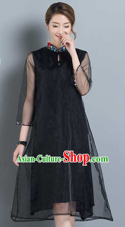 Traditional Ancient Chinese National Costume, Elegant Hanfu Mandarin Qipao Organza Black Dress, China Tang Suit Chirpaur Cheongsam Upper Outer Garment Elegant Dress Clothing for Women