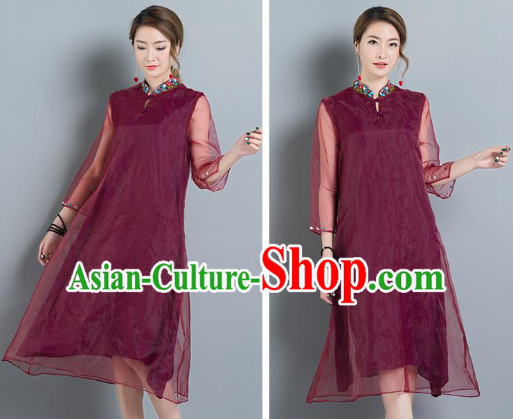 Traditional Ancient Chinese National Costume, Elegant Hanfu Mandarin Qipao Organza Red Dress, China Tang Suit Chirpaur Cheongsam Upper Outer Garment Elegant Dress Clothing for Women