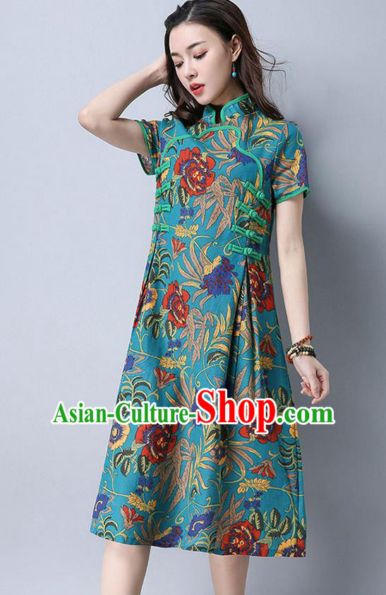 Traditional Ancient Chinese National Costume, Elegant Hanfu Mandarin Qipao Printing Linen Green Dress, China Tang Suit Chirpaur Cheongsam Upper Outer Garment Elegant Dress Clothing for Women