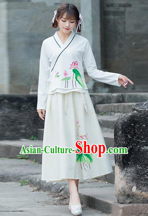 Traditional Ancient Chinese Costume, Elegant Hanfu Clothing Printing Lotus Slant Opening Blouse and Dress, China Ming Dynasty Palace Princess Elegant Blouse and Skirt Complete Set for Women